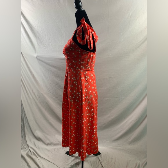 Red Ditsy Floral Print Ruched Bust Split Thigh Cami Dress - Picture 9 of 9